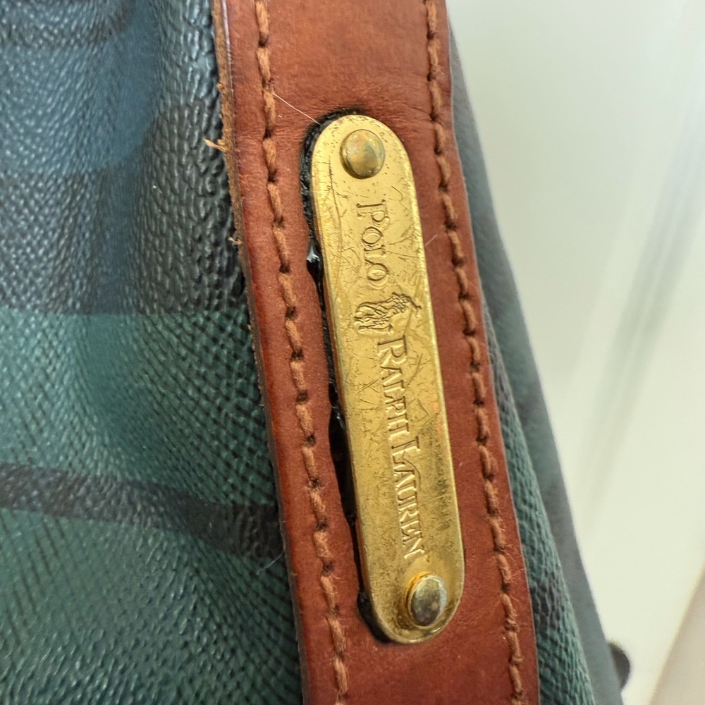 Vintage Polo RALPH LAUREN Green Tartan Plaid Leather Drawstring Bucket Bag 90s - Picture 5 of 16